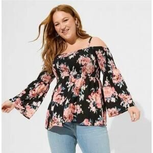 Torrid Cold Shoulder Blouse Top Plus Size 4X Black Pink Floral Bell Sleeve Flowy